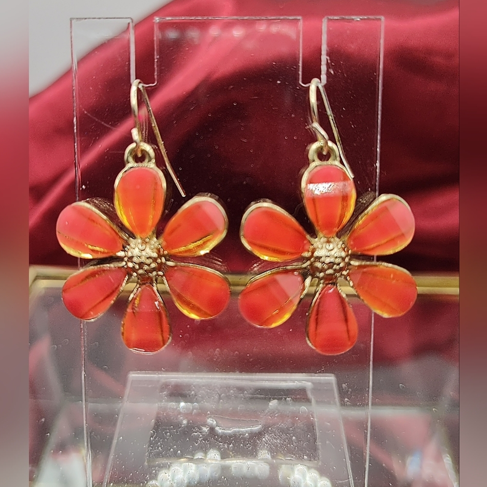 Vintage Orange Acrylic That Looks Like Glass Flowered Earrings